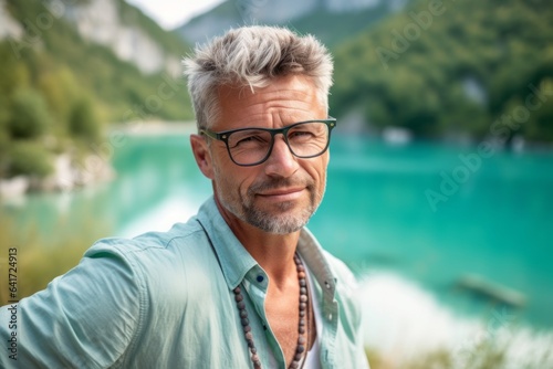 Medium shot portrait photography of a content mature man looking over glasses showing off a delicate necklace at the plitvice lakes national park croatia. With generative AI technology