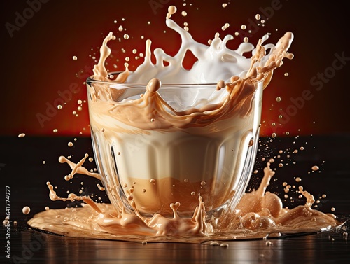Cup of coffee, chocolate milk, caramel with milk splash on dark background, closeup 