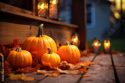 Orange pumpkins and colorful fallen leaves on wooden porch of country house