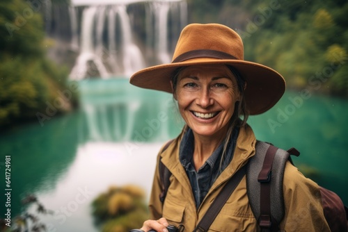 Lifestyle portrait photography of a glad mature woman thumb up wearing a rugged cowboy hat at the plitvice lakes national park croatia. With generative AI technology