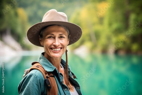 Lifestyle portrait photography of a glad mature woman thumb up wearing a rugged cowboy hat at the plitvice lakes national park croatia. With generative AI technology