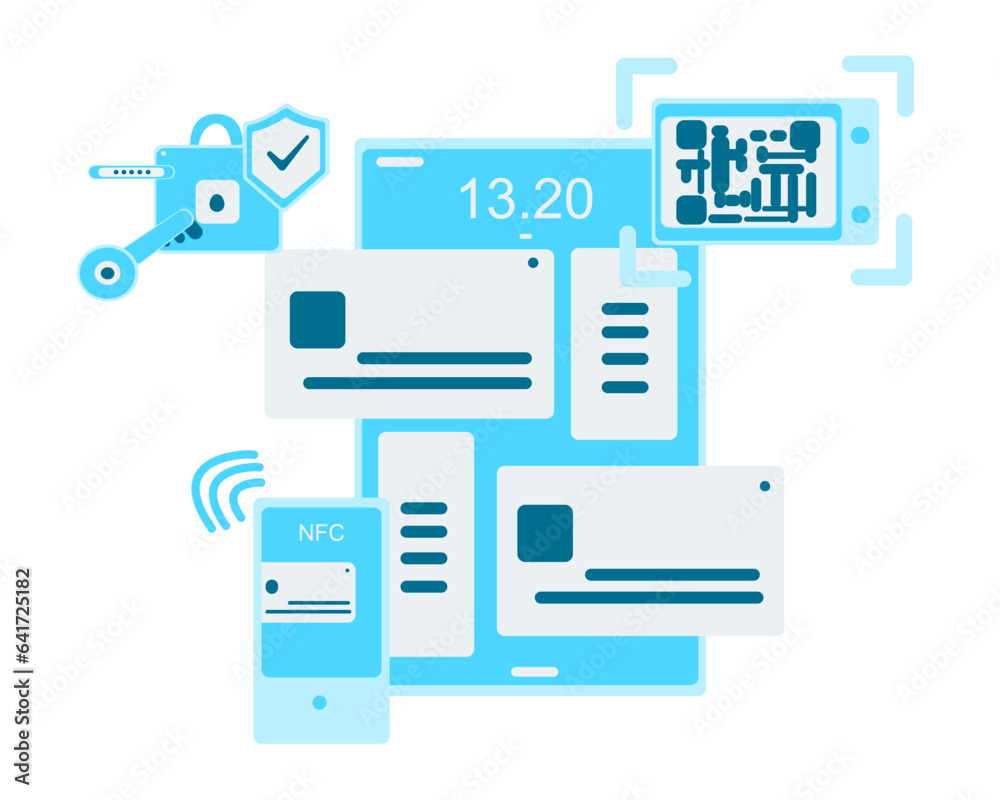 financial technology illustration, encrypted data, digital banking, credit card, nfc, qr code