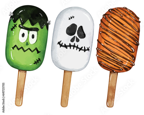 Watercolor creepy ice cream popsicle isolated vector illustrations set. spooky Halloween Kids snacks