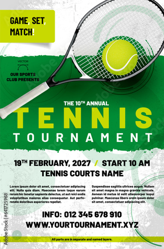 Tennis tournament poster template with ball, racket and sample text
