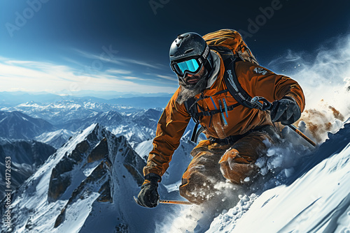 A skier makes a difficult turn on a slope. Snow mountains with blue sky background. Snow powder behind skiers. Outdoor activities on snow mountain.