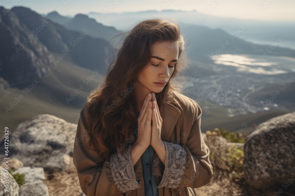 Environmental portrait photography of a satisfied girl in her 20s hands clasped in prayer donning a durable down jacket at the table mountain in cape town south africa. With generative AI technology