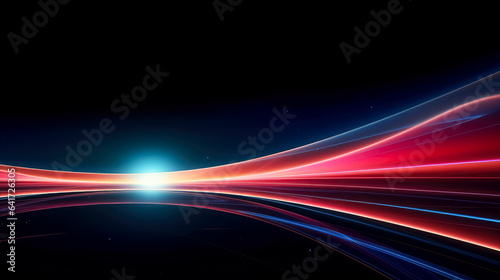 Bright light track with dark background, in the style of light azure and pink, linear composition, linear abstraction, light trails motions on dark background