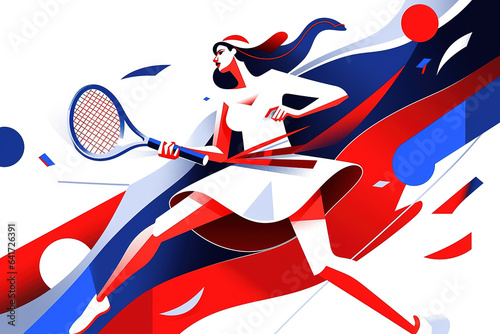Contemporary art collage. Young girl, professional tennis player in motion during a match on an abstract background.