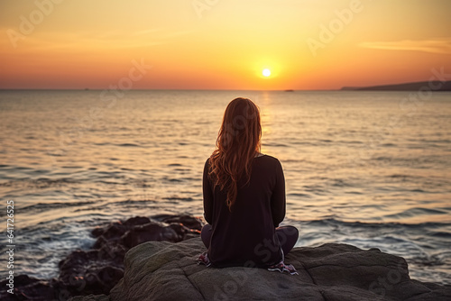 There is a girl doing yoga on the rocks by the sea at sunset