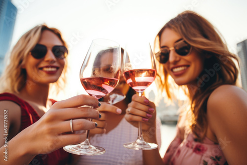 Group of happy female friends celebrating holiday clinking glasses of rose wine in Dubai