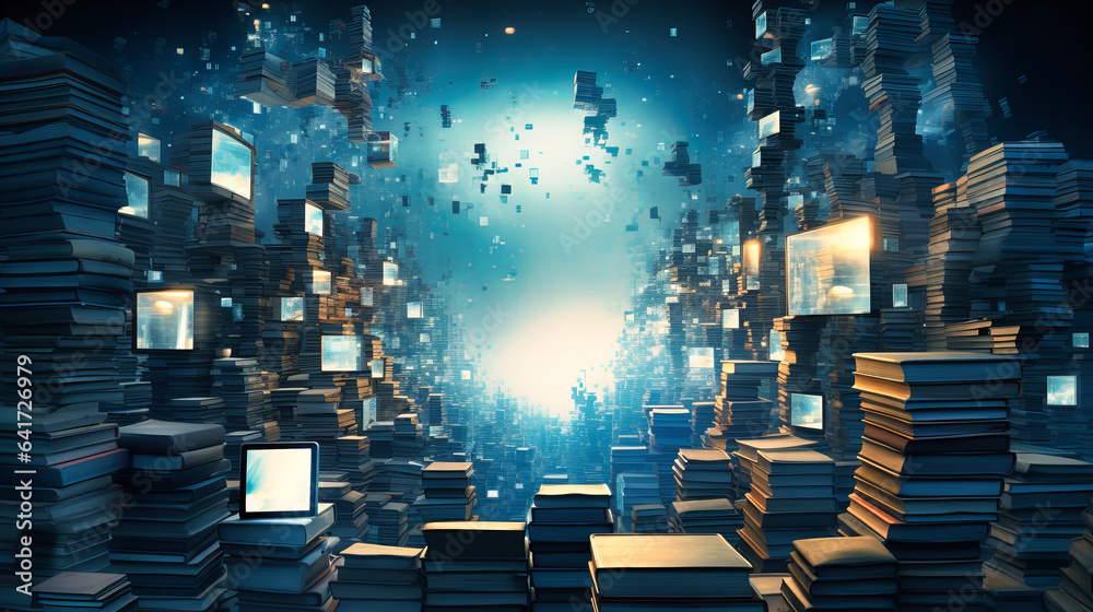 Stacks of traditional books, out of which digital screens emerge, showing the hybrid nature of today's resources Stacks of traditional books, out of which digital screens emerge, showing the hybrid nature of today's resources