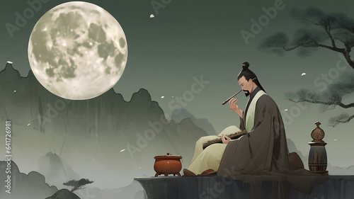 Ancient Chinese poet Li Bai composes poems under the moonlight