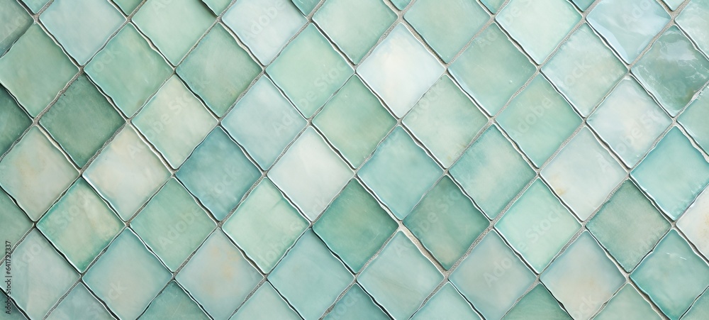 Fototapeta premium Abstract old mint green aged retro vintage mosaic cement ceramic tile floor or wall texture background with sqaure diamond pattern