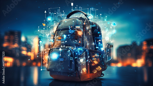 A digital backpack filled with icons of e-books, online courses, and virtual labs