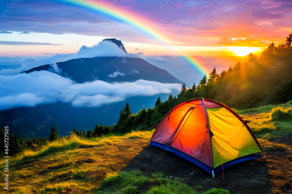 Ai generated image of tent on the top mountain with rainbow view