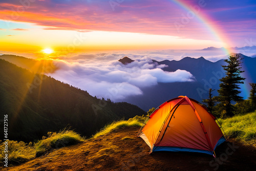 Ai generated image of tent on the top mountain with rainbow view