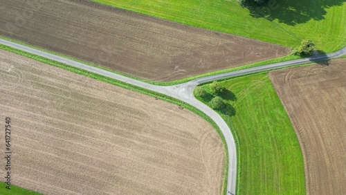 fork in the road drone view at the crossroads
