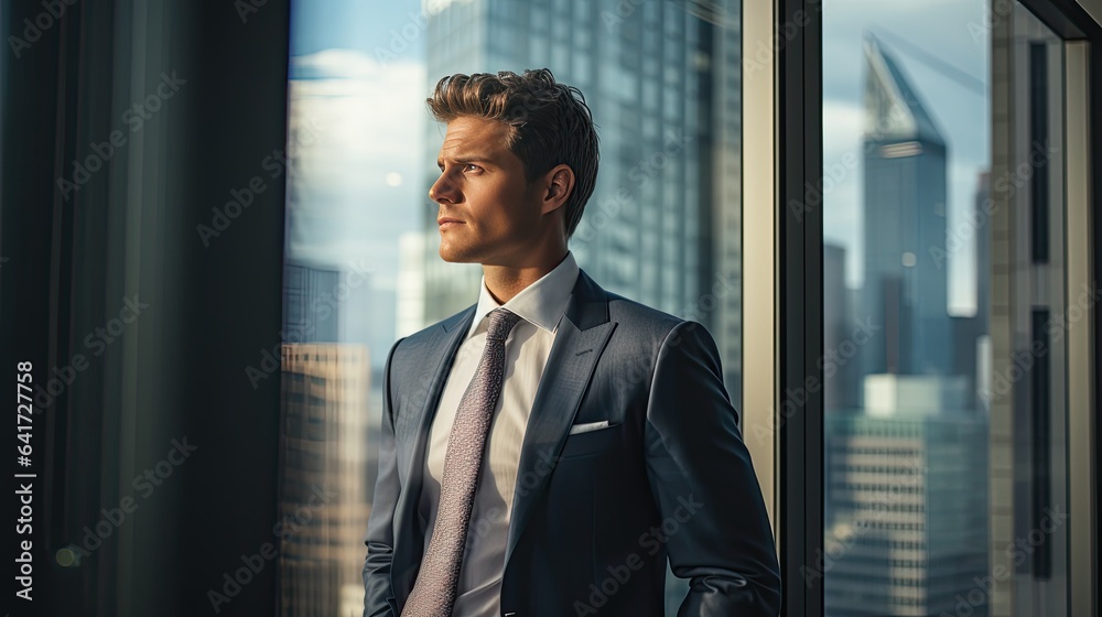 Business model, gazing out of a high-rise window, embodying the reflection and contemplation that comes with corporate challenges Business model, gazing out of a high-rise window, embodying the reflection and contemplation that comes with corporate challenges