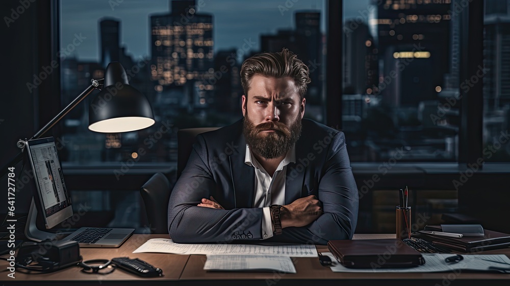 Business professional, leaning heavily on a desk, embodying the strain of managerial responsibilities Business professional, leaning heavily on a desk, embodying the strain of managerial responsibilities
