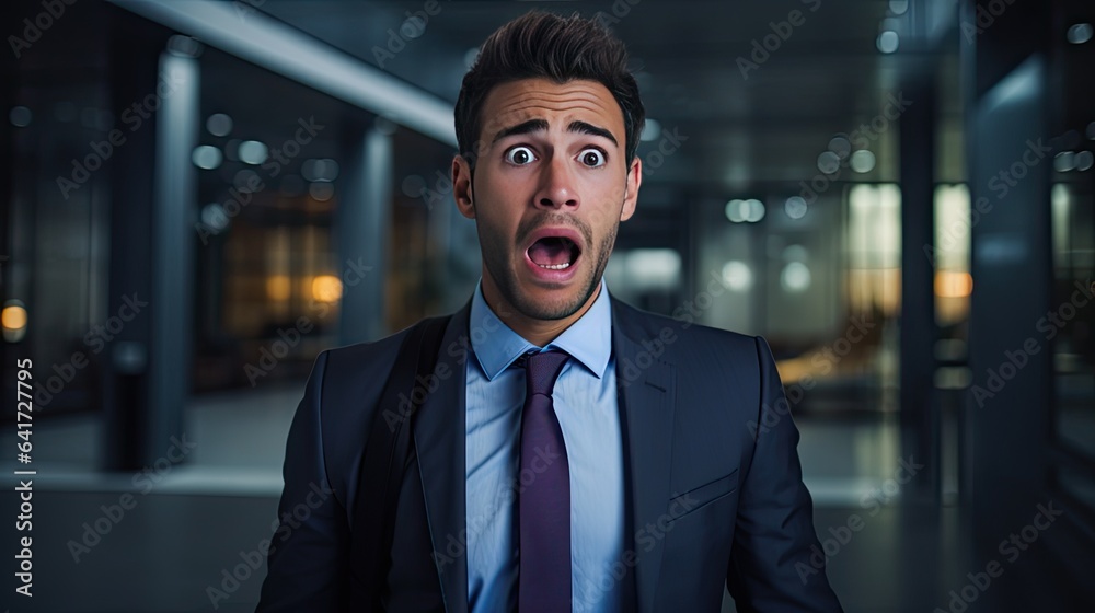 Fototapeta premium Depict a model in a corporate setting, receiving unexpected news, the emotion of shock and disbelief evident in their expression