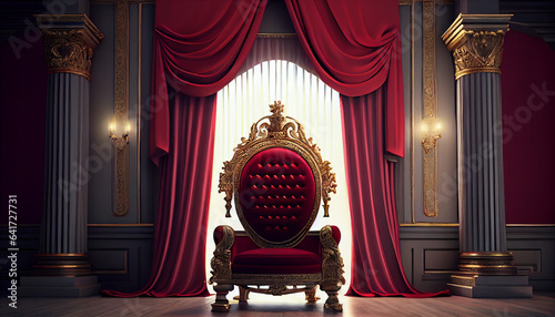 The Throne Room with Gold royal chair on a white background of red curtains. Place for the king. Throne, luxury armchair,  Ai generated image