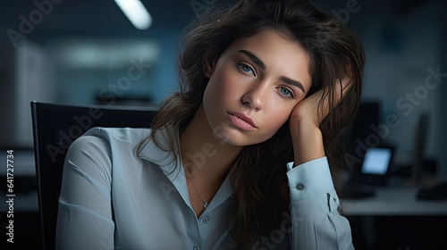 A close-up of a model's face, showing the exhaustion of a long workday, with blurred office equipment in the backdrop