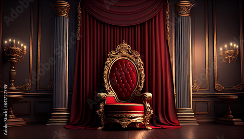 The Throne Room with Gold royal chair on a white background of red curtains. Place for the king. Throne, luxury armchair, Ai generated image