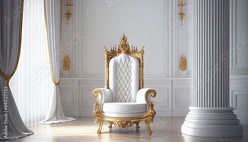 The Throne Room with Gold royal chair on a white background of white curtains. Place for the king. Throne, classic chair in the room, Ai generated image