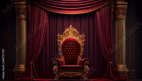 The Throne Room with Gold royal chair on a white background of red curtains. Place for the king. Throne, luxury armchair, Ai generated image