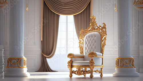 The Throne Room with Gold royal chair on a white background of white curtains. Place for the king. Throne, classic chair in the room, Ai generated image photo