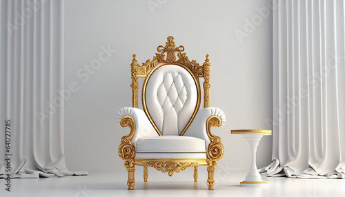 The Throne Room with Gold royal chair on a white background of white curtains. Place for the king. Throne, classic chair in the room, Ai generated image