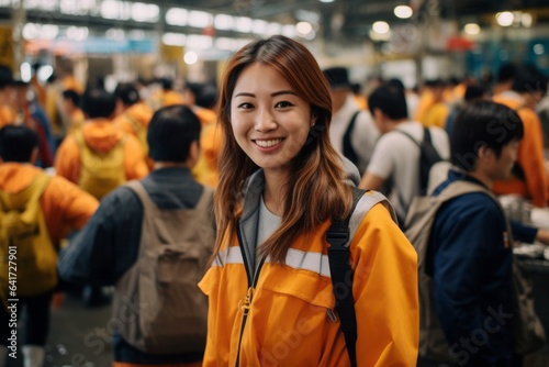 Medium shot portrait photography of a cheerful girl in her 30s pouting sporting a technical climbing shirt at the tsukiji fish market in tokyo japan. With generative AI technology