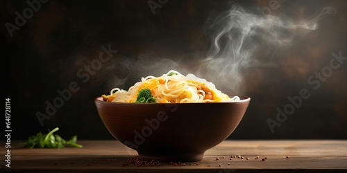 Noodles with steam and smoke in bowl on wooden background generative ai