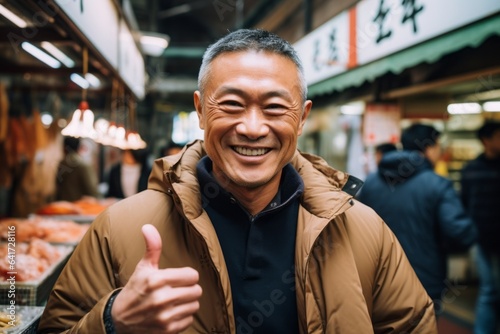 Close-up portrait photography of a blissful mature man making a 'come here' gesture wearing a chic cardigan at the tsukiji fish market in tokyo japan. With generative AI technology
