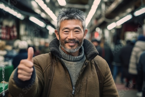 Close-up portrait photography of a blissful mature man making a 'come here' gesture wearing a chic cardigan at the tsukiji fish market in tokyo japan. With generative AI technology