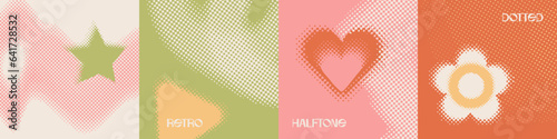 Abstract groovy halftone square cards set. Minimalist style cover template with vintage colors, dot pattern elements, dotted backgrounds. Ideal design for social media, poster, banner, flyer. Vector