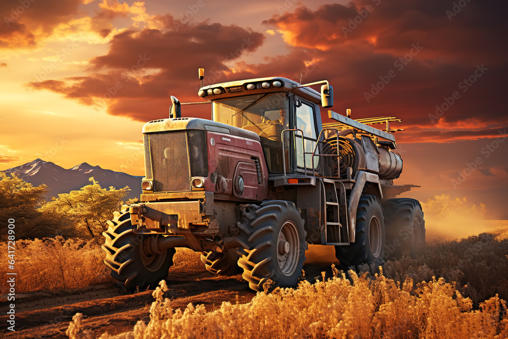 Obraz premium farm wheat field harvester under sunset