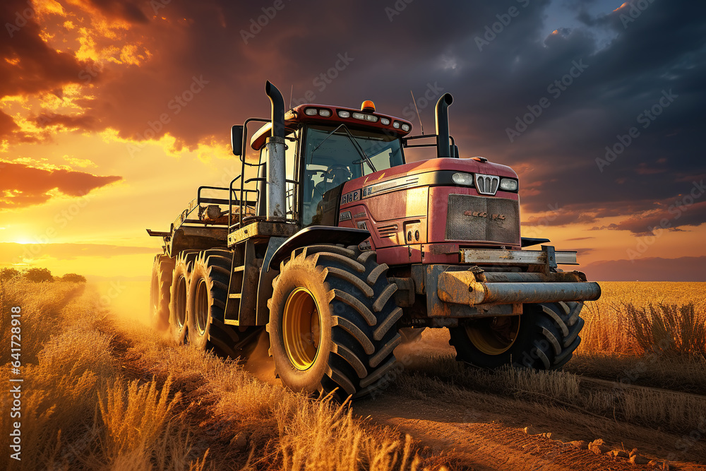 Fototapeta premium farm wheat field harvester under sunset