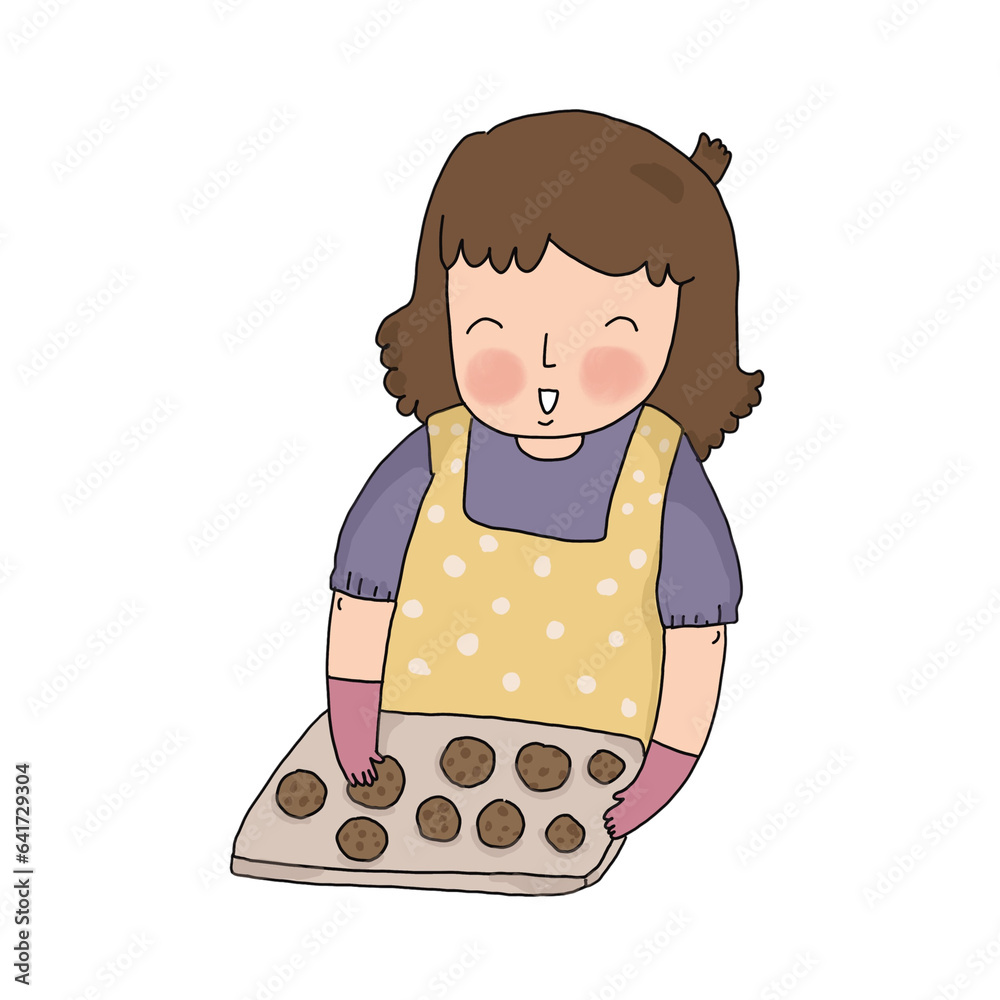 Drawing of mom baking cookies in the kitchen, white background Drawing of mom baking cookies in the kitchen, white background