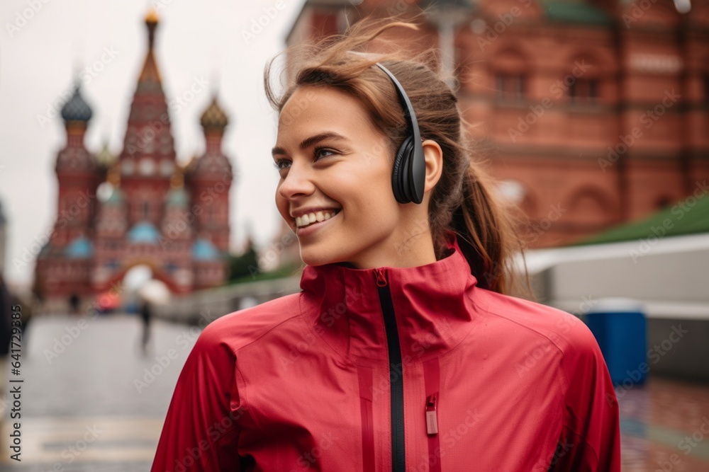 Lifestyle portrait photography of a grinning girl in her 30s covering ears donning a padded cycling jersey at the red square in moscow russia. With generative AI technology Lifestyle portrait photography of a grinning girl in her 30s covering ears donning a padded cycling jersey at the red square in moscow russia. With generative AI technology