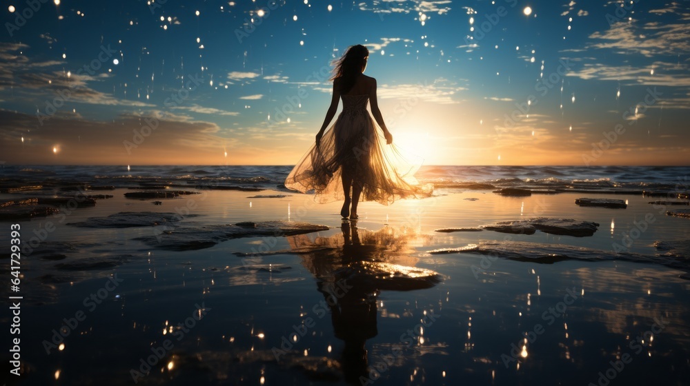 Woman dancing in a dress at sunset, rain falling on the beach - obrazy, fototapety, plakaty 
