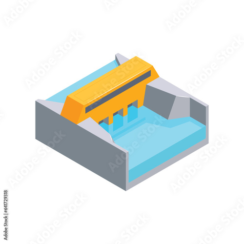 Isometric hydroelectric power station set of isolated icons with various industrial factory buildings on blank background