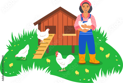 Happy smiling black farmer woman holds a chicken in hands standing near chicken coop. Hens, rooster and little chicks graze in green grass. Free range poultry. Eco farming. Simple flat illustration