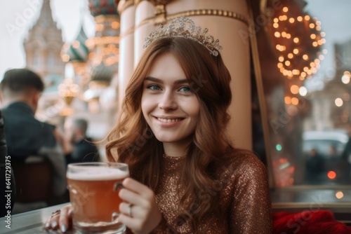 Photography in the style of pensive portraiture of a joyful girl in her 30s holding a cup of coffee donning a sparkling tiara at the red square in moscow russia. With generative AI technology