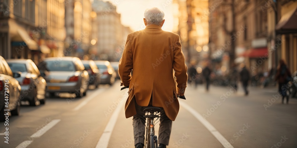 Elderly (mature ) man (rear view without face) riding a bicycle on a road in a city street in golden hour day time. Senior man in a yellow jacket on a bicycle driving on an asphalt road.