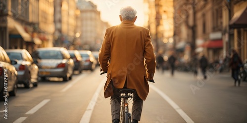 Elderly (mature ) man (rear view without face) riding a bicycle on a road in a city street in golden hour day time. Senior man in a yellow jacket on a bicycle driving on an asphalt road.
