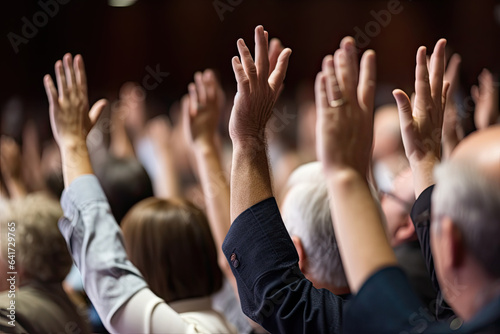 At a professional business seminar, a diverse audience raises their hands in an important decision.