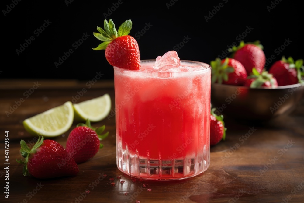 Fresh summer strawberry cocktail or mocktail with mint leaves on dark background . Summer freshness beverage, lemonade with ice cube. Generative AI. Fresh summer strawberry cocktail or mocktail with mint leaves on dark background . Summer freshness beverage, lemonade with ice cube. Generative AI.