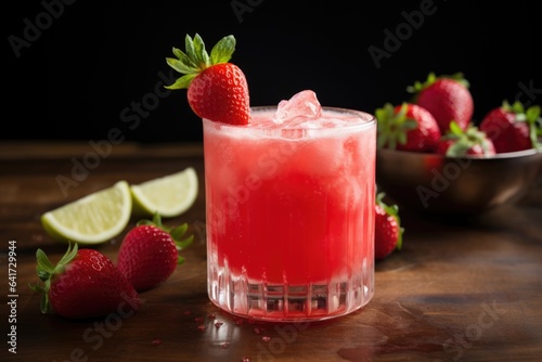 Fresh summer strawberry cocktail or mocktail with mint leaves on dark background . Summer freshness beverage, lemonade with ice cube. Generative AI.
