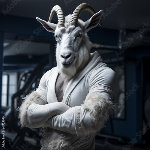 Fit humanoid goat training at the gym for ultimate fitness